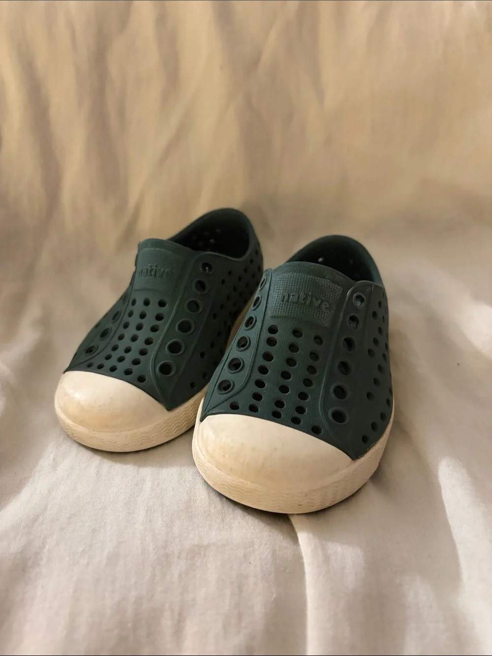Native Kids Water Shoes in Forest Green with White Toe